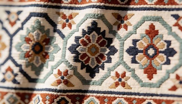Handwoven geometric rug showcasing floral medallions and tufted texture