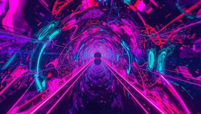 Futuristic cyberpunk vr tunnel with vibrant neon glitch aesthetics