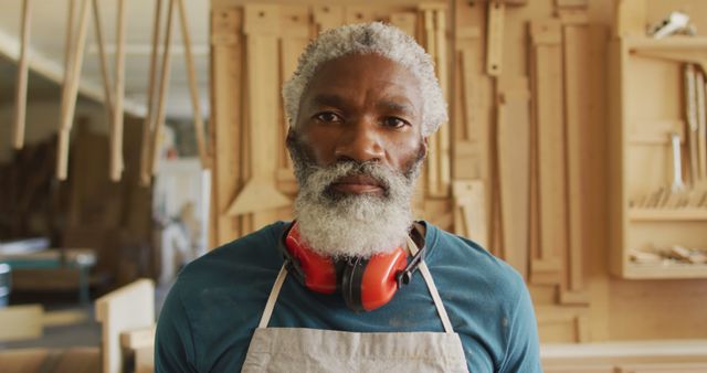 Portrait of african american male carpenter wearing safety glasses in a carpentry shop. carpentry, craftsmanship and handwork concept