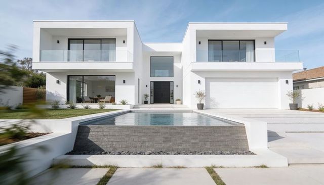 Minimalist luxury two-story white home with reflecting pool and glass balconies