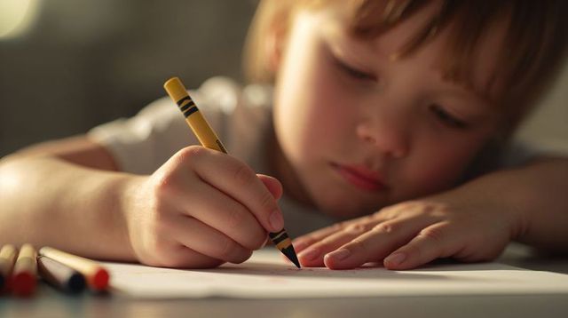 Young boy concentrating drawing with yellow crayon on paper at home desk in warm light