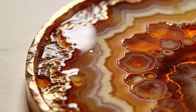 Polished banded agate slice with gold rim displaying amber brown geode patterns macro