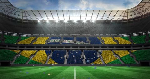 Brazilian flag over football stadium seating