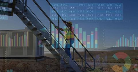 Technician climbing stairs with data overlays in remote industrial site