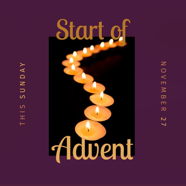 Composite of this sunday, start of advent and november 27 text with lit tealight candles on table. Copy space, christianity, candlelight, nativity, christmas, celebration, tradition and holiday.