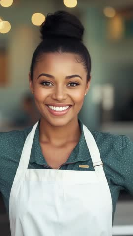 Vertical video Smiling barista greeting camera while pulling back in cozy cafe