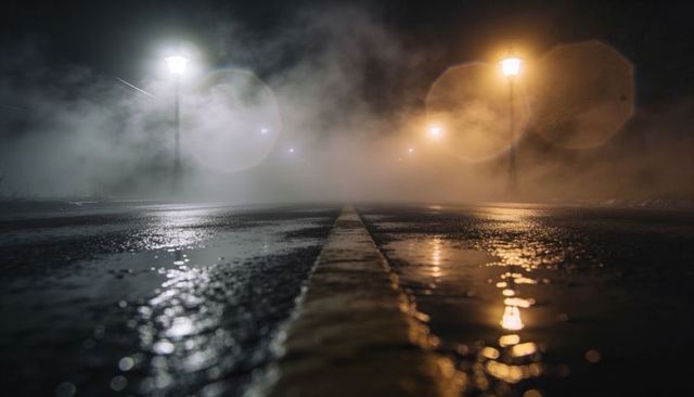 Foggy wet roadway with glowing streetlamps reflecting in puddles, misty lens flare
