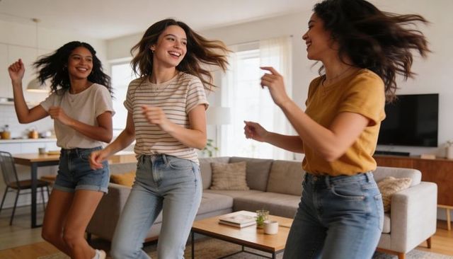 Three young women dancing and laughing in bright living room with modern sofa