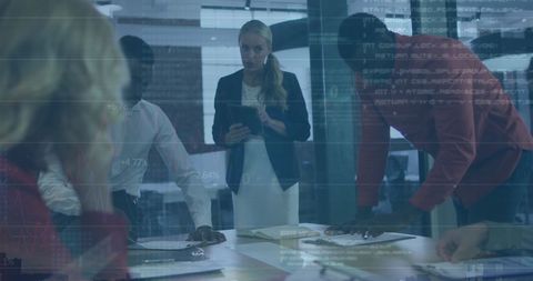 Transparent Financial Data Visualized over Business Team in Modern Office