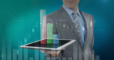 Businessman Analyzing Virtual Data with Digital Bar Graphs on Tablet - Download Free Stock Images Pikwizard.com