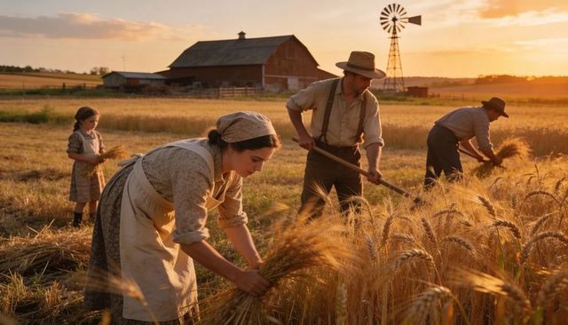 Family harvesting wheat at sunset on rustic farm with barn and windmill