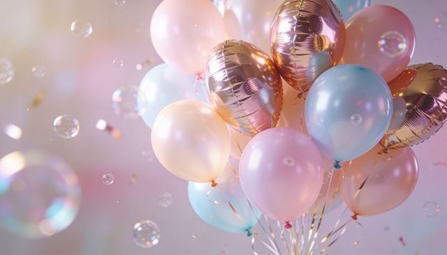 Pastel balloon bouquet with rose gold foil accents and floating bubbles for party