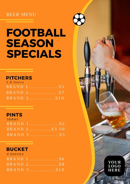Composition of football season specials text over menu options and man pouring beer. Football menu concept digitally generated image.