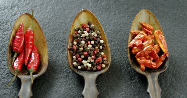 Variety of Spices in Wooden Spoons on Black Slate - Download Free Stock Images Pikwizard.com