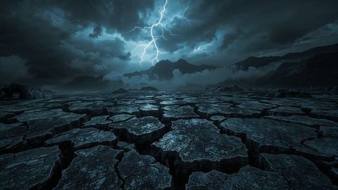 Dramatic lightning strikes over earthquake desolate cracked earth