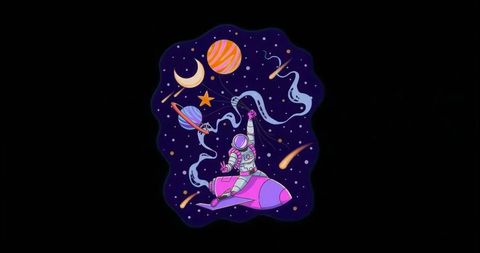 Astronaut riding rocket through vibrant purple cosmic space