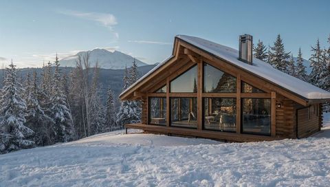 Glass-front Log Cabin Nesting on Snowy Hillside Overlooking Alpine Mountain and Pine Forest