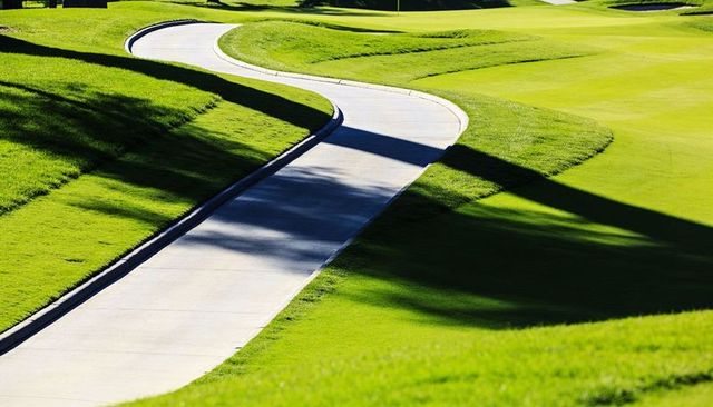 Curving golf cart path winding through manicured greens with dramatic tree shadows