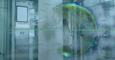 Business colleagues at glass turnstiles with glitch effect in modern lobby