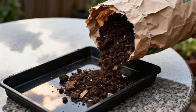 Pouring potting soil into seed tray on granite table for seed starting and gardening