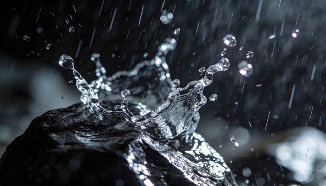 Crown-Shaped Water Splash Over Dark Wet Rock, Night Rain Droplets, High-Contrast