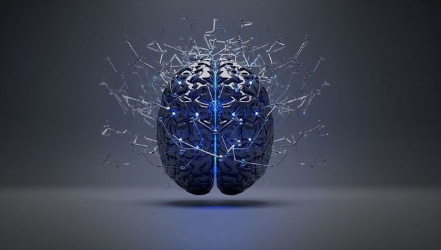 Futuristic brain model with glowing neural filaments