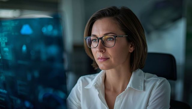 Woman Analyst Working at a Computer Screen in a Modern Office
