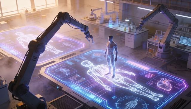 Projecting holographic human anatomy in futuristic biotech lab with robotic arms