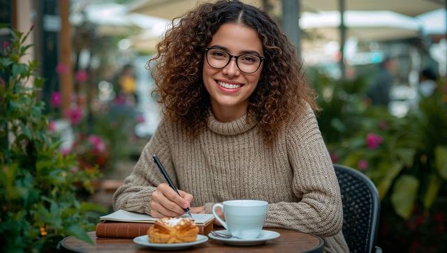 Smiling woman writing in notebook at outdoor cafe with coffee and pastry, urban lifestyle