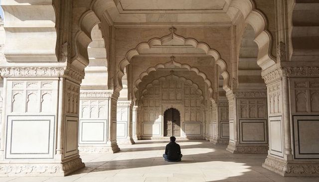 Solitary figure meditating in ornate mughal archway with carved columns and sunlit floor