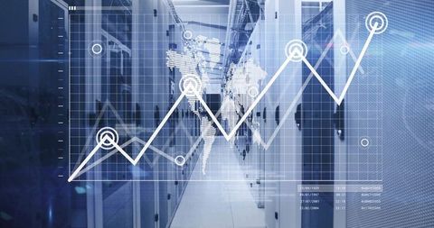 Futuristic data center with analytics overlay