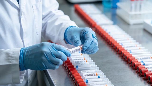 Lab technician wearing blue nitrile gloves holding barcode blood tubes on stainless bench