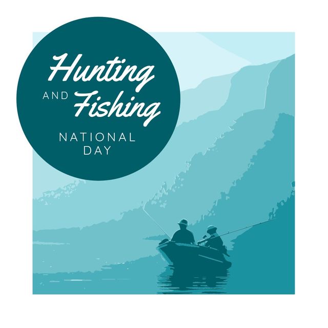 This illustration depicts two men fishing on a lake surrounded by mountains, celebrating Hunting and Fishing National Day. Ideal for use in promotional materials, holiday announcements, and outdoor recreation advertising. The serene nature setting highlights the peacefulness and joy of fishing, making it perfect for banners, posters, and social media posts promoting the holiday.