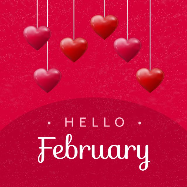 Composition of hello february text over hearts. Hello february and celebration concept digitally generated image.