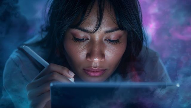 Asian artist creating digital art using tablet and stylus at home