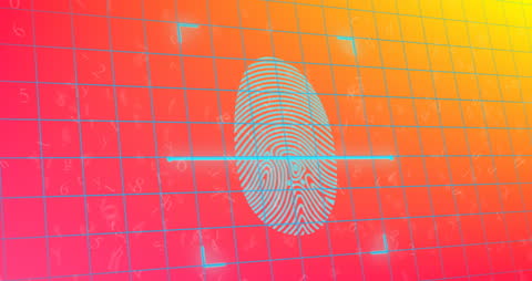 Fingerprint Scan with Digital Code on Orange Grid Background