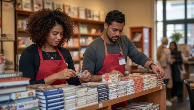 Bookstore staff sorting paperbacks and arranging display at wooden counter with teamwork