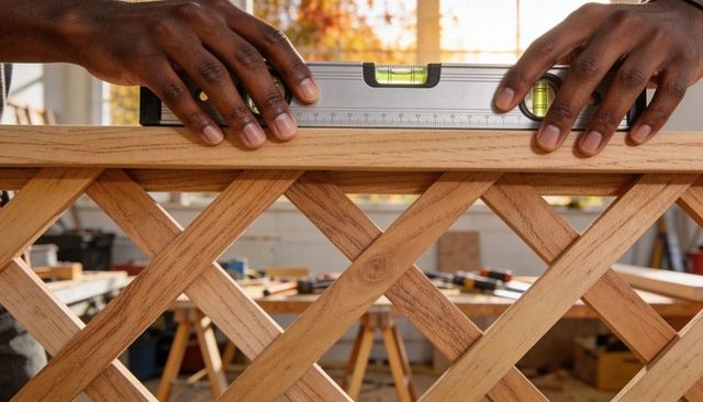 Checking spirit level on wooden lattice panel with dark-skinned hands in workshop