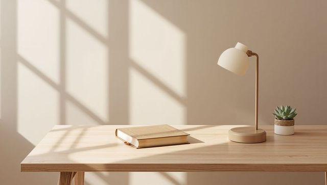 Sunlit minimal workspace with closed book, beige desk lamp and succulent on light wood
