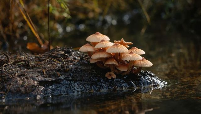 Beige-orange mushroom cluster growing on wet decaying log at pond edge with reed stems