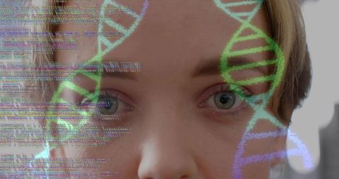 Gazing woman with holographic dna helix and digital glitch overlay close-up portrait