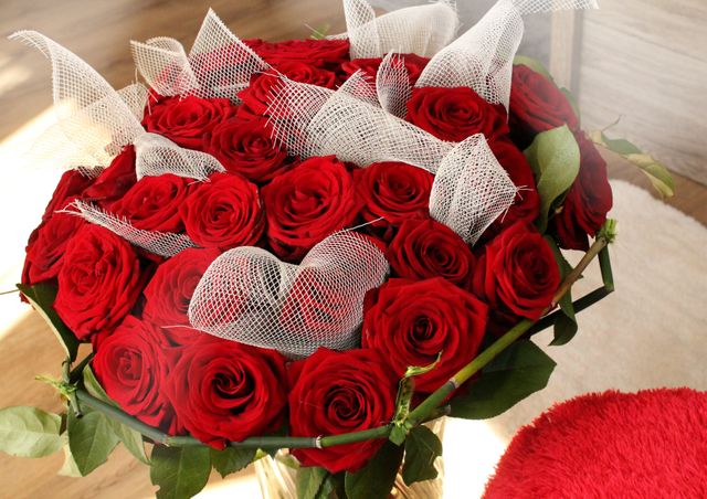 Bouquet of Red Roses with White Mesh Decorations - Download Free Stock Photos Pikwizard.com