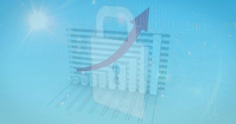 Cybersecurity progress with rising bar chart and digital circuit