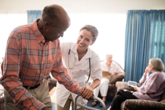 Female doctor assisting senior man with walker in a retirement home. Ideal for use in healthcare, elderly care, and medical assistance contexts. Can be used in brochures, websites, and advertisements promoting senior living facilities, geriatric care services, and healthcare professionals.