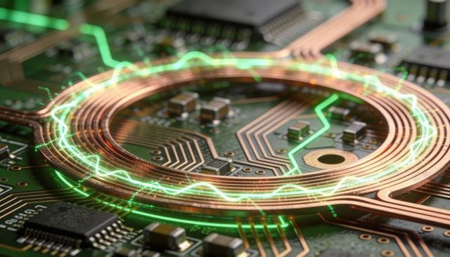 Glowing multi-turn copper coil radiating neon waveform over high-density pcb circuitry