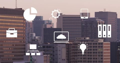 Digital interface icons overlaying modern cityscape