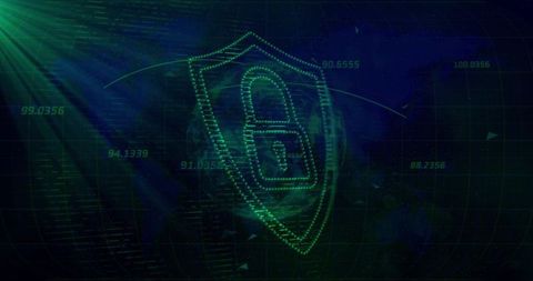 Neon dotted shield with padlock representing global cybersecurity, encryption and data privacy