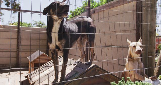 Portrait of two dogs standing behind fence in dog shelter. Animals, support and temporary home, unaltered.