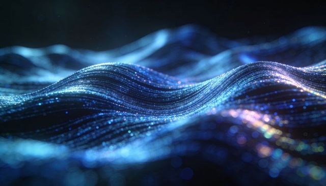 Glowing Particle Waves Forming Luminous Blue and Purple Ridges Futuristic Tech Background