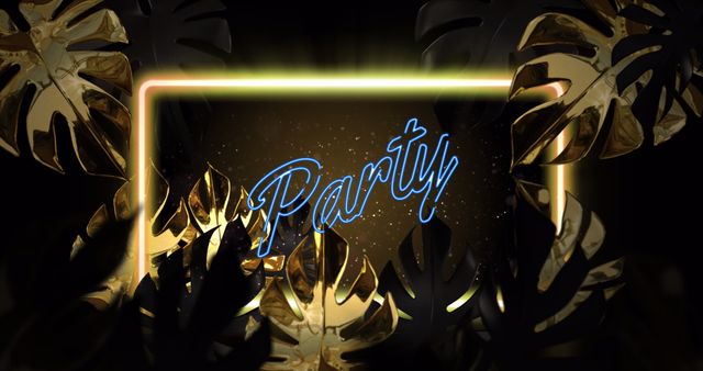 Neon Party Text with Gold Leaves on Black Background - Download Free Stock Images Pikwizard.com